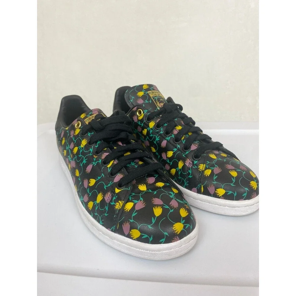 adidas Stan Smith Floral Low Top Sneakers Women 8.5 EH2036 Black Lthr Multicolor